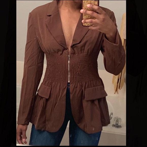 Brown Lapel Neck Shirred Waist Blazer, Size S - Picture 2 of 3